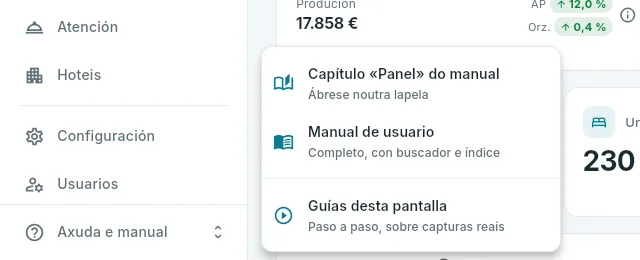 O menú «Axuda e manual» do pé da barra lateral.