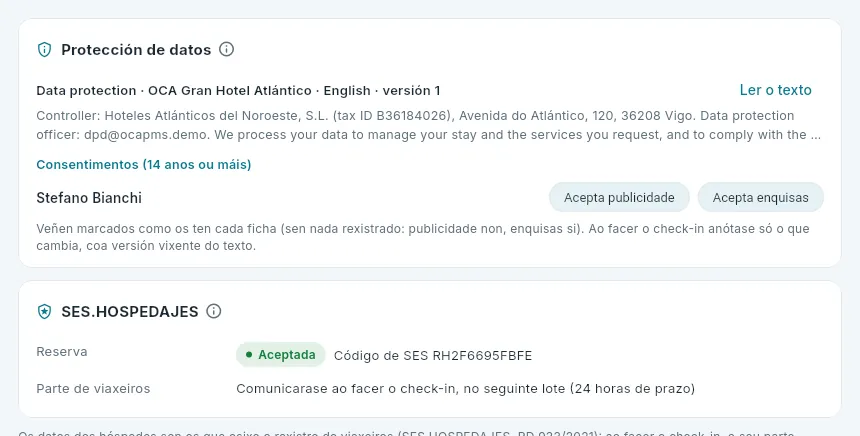 O check-in dunha reserva xa comunicada a SES.HOSPEDAJES.