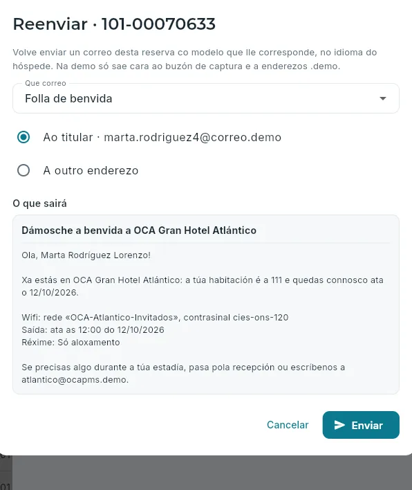 Reenviar un correo da reserva.