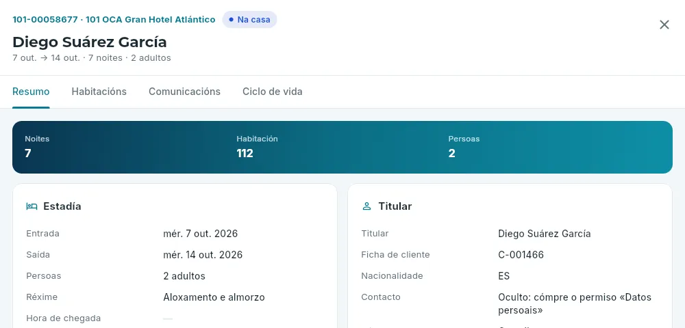 A mesma reserva vista pola gobernanta (aberta desde o planning): sen importes, sen contacto e sen botóns.