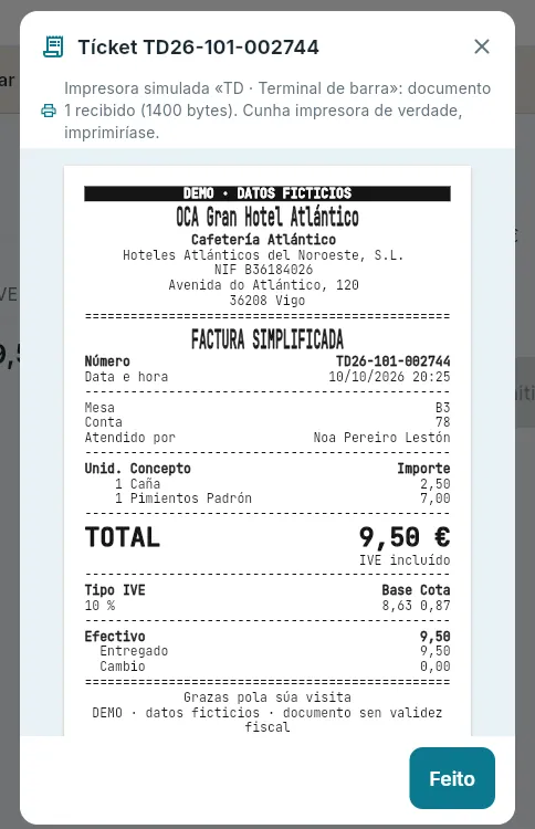 Un tícket emitido sen conexión: o número dao o terminal.