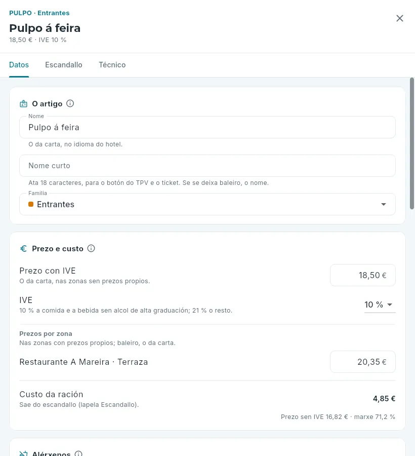 A ficha dun prato: os seus datos, o seu prezo e o seu custo.