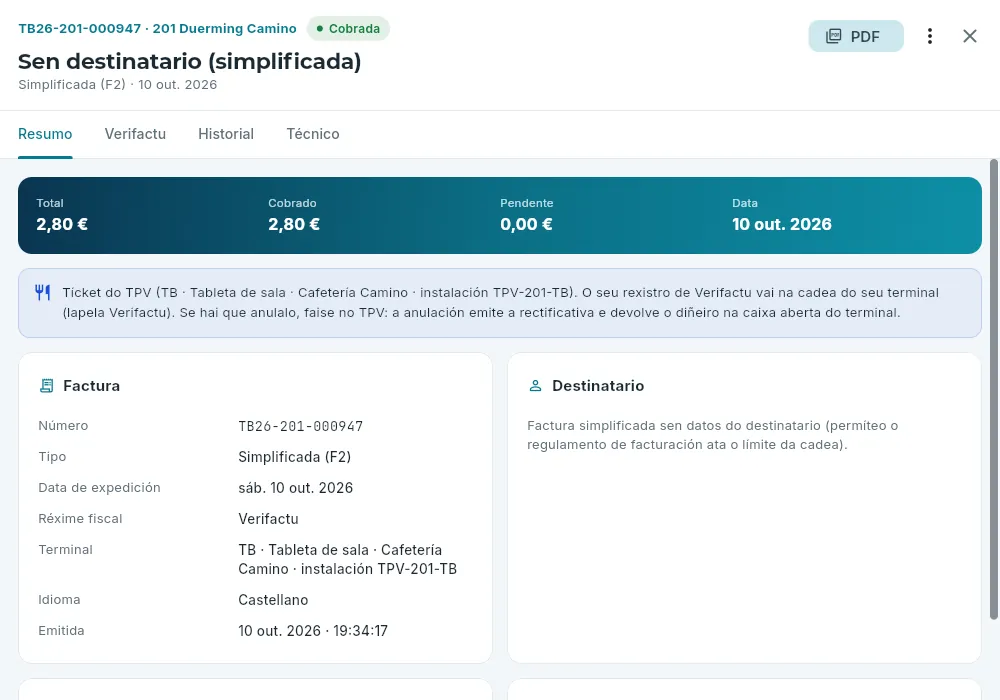 Un tícket do TPV, na ficha da factura.