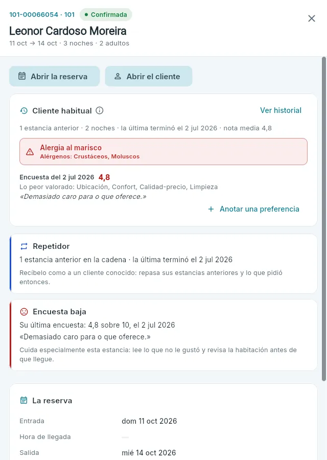 El detalle de una llegada: un cliente habitual con una alergia, repetidor y con una encuesta anterior baja.