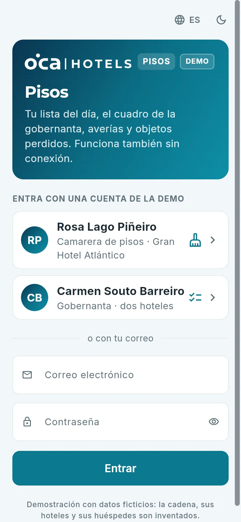 La app de pisos en el móvil: la pantalla de acceso de la demo.