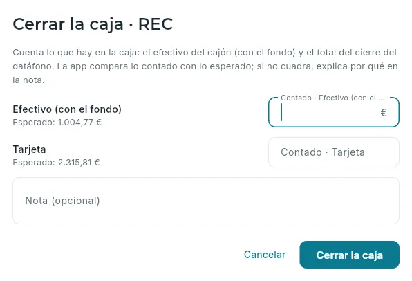 Cerrar la caja: lo contado frente a lo esperado.