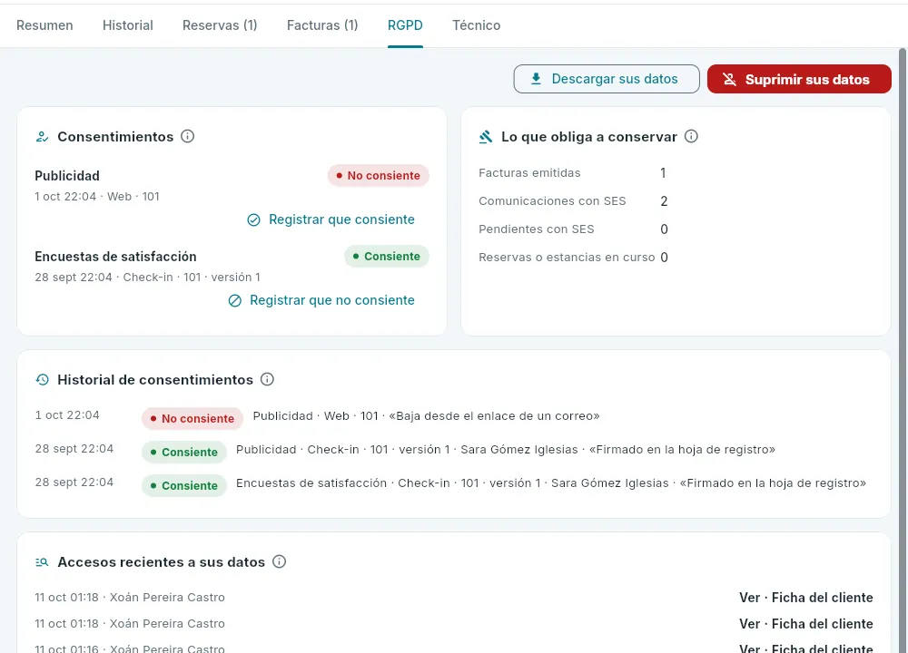 La pestaña «RGPD» de un cliente que retiró su consentimiento de publicidad.