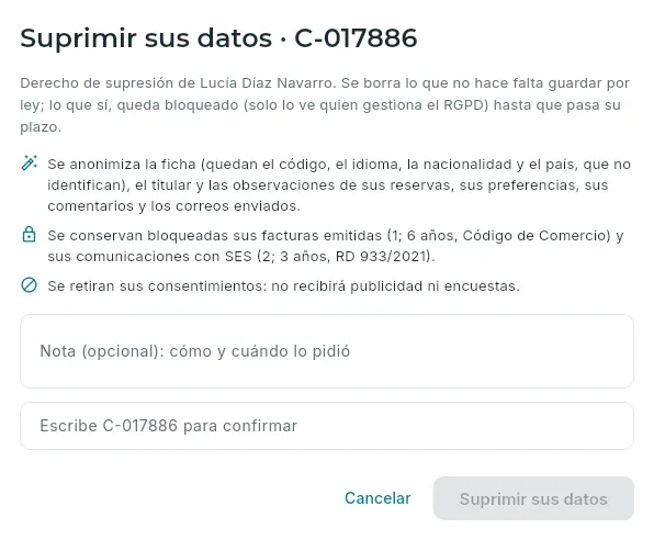 El derecho de supresión: lo que se borra y lo que se conserva bloqueado.