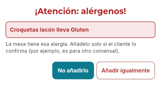 Pedir algo con un alérgeno de la mesa (aquí, una mesa abierta sin conexión con alergia al gluten).
