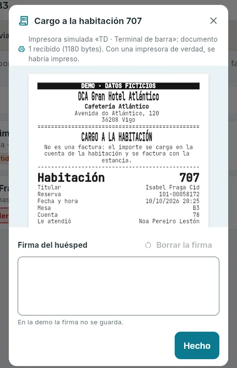 La nota de cargo, para que la firme el huésped (aquí, hecha sin conexión).