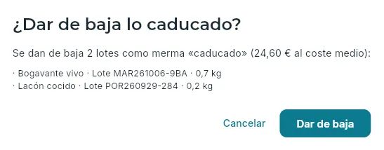 Dar de baja dos lotes caducados.
