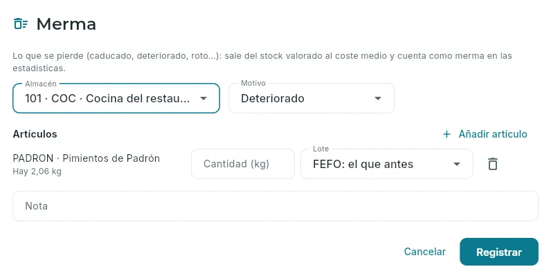 Anotar una merma de un artículo.