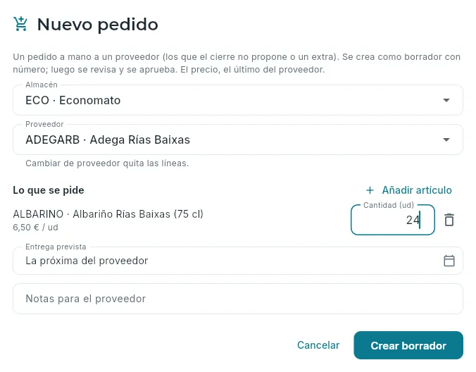 Un pedido a mano de vino para el economato.