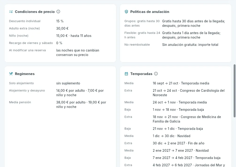 Más abajo: las condiciones de precio, las políticas de anulación, los regímenes y las temporadas del hotel 101.