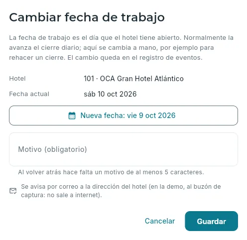 Cambiar la fecha de trabajo del hotel 101.