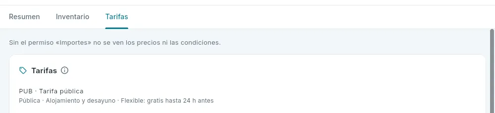 Las tarifas con la cuenta de la gobernanta, que no tiene el permiso «Importes».