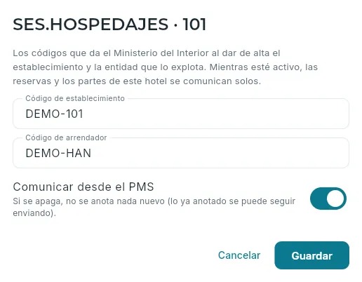 Los códigos de SES.HOSPEDAJES del hotel 101 (en la demo, inventados).