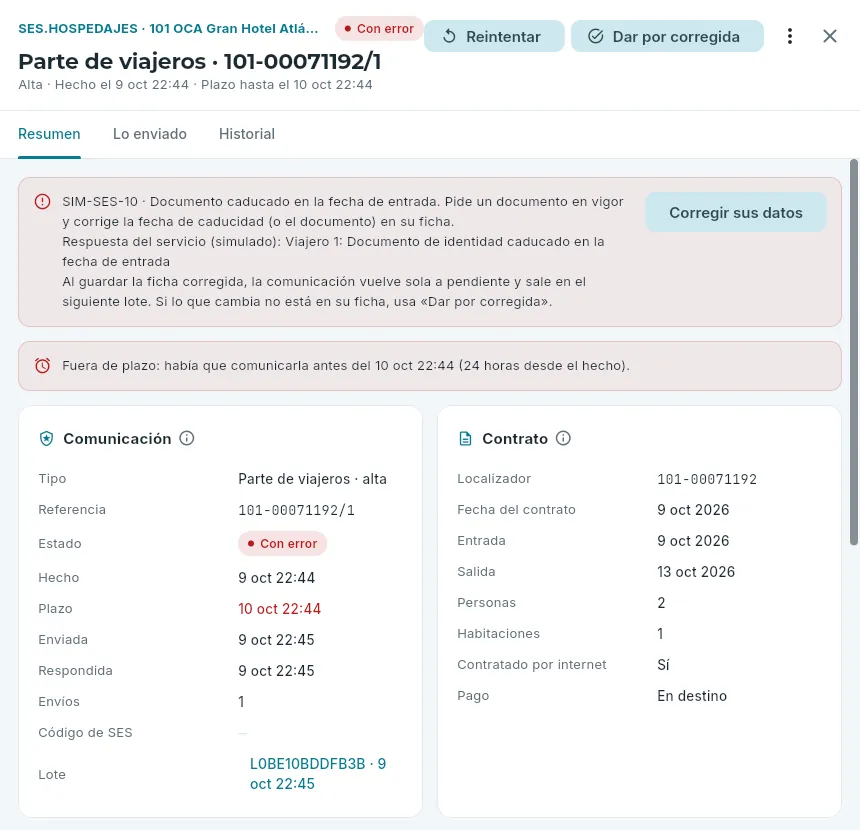 Un parte de viajeros rechazado por un documento caducado.