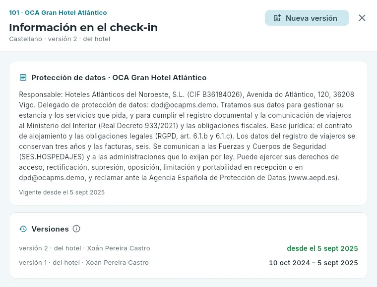 La información del check-in del 101, en castellano.