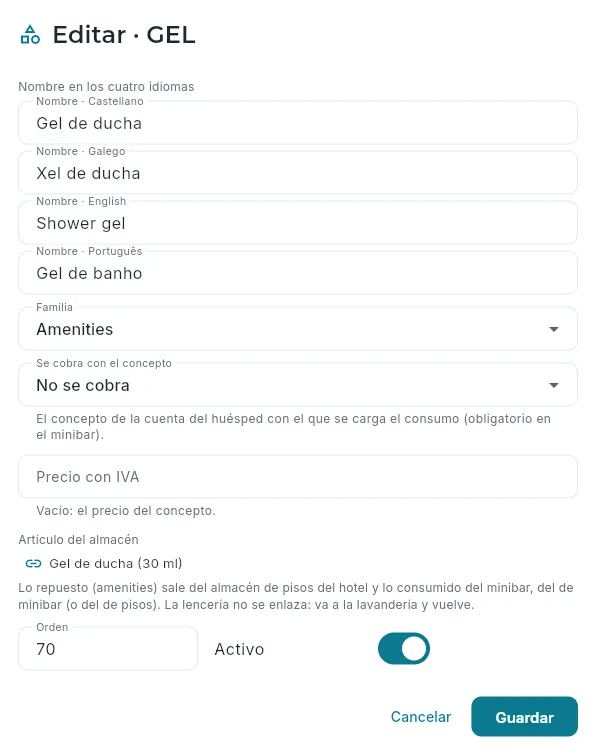 Un amenity enlazado con su artículo del almacén.