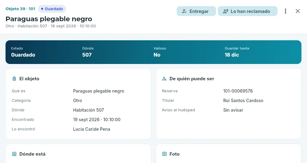 La ficha de un objeto guardado.