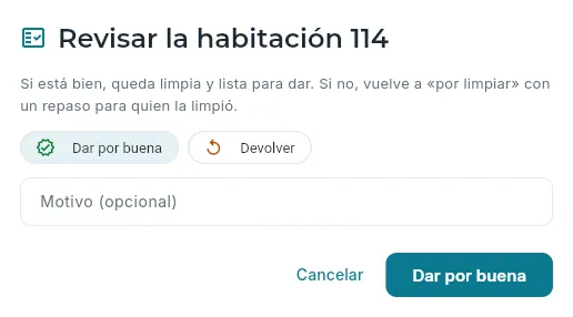 Revisar una habitación: darla por buena o devolverla.