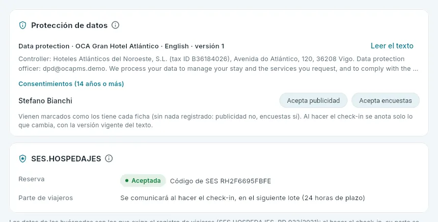 El check-in de una reserva ya comunicada a SES.HOSPEDAJES.