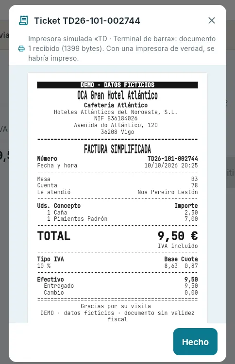 Un ticket emitido sin conexión: el número lo da el terminal.
