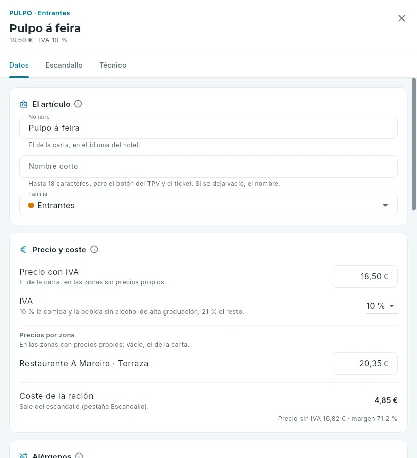 La ficha de un plato: sus datos, su precio y su coste.