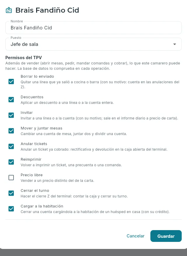 Un camarero: su puesto y sus permisos del TPV.