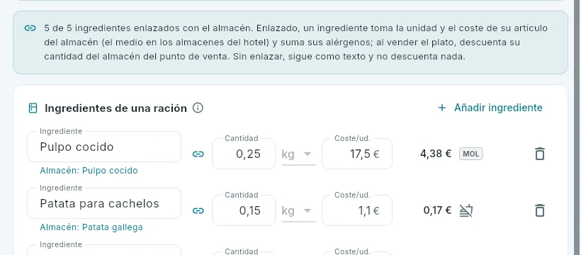 Los ingredientes de un plato, enlazados con el almacén.