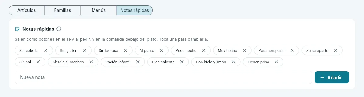 Las notas rápidas de las comandas.