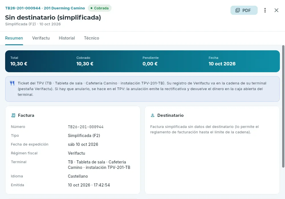 Un ticket del TPV, en la ficha de la factura.