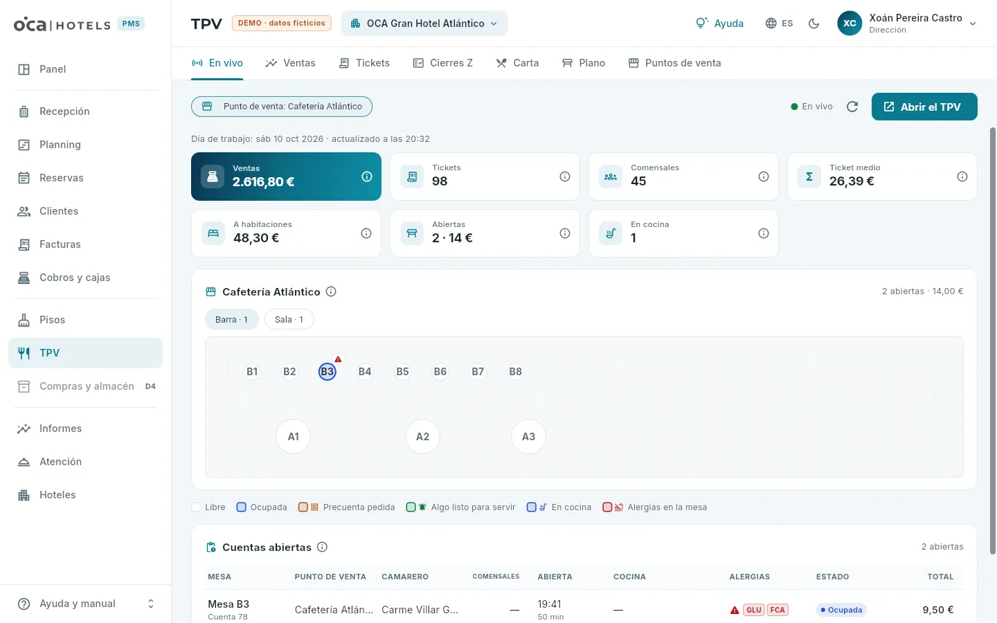 El TPV en vivo del hotel 101, con un punto de venta elegido.