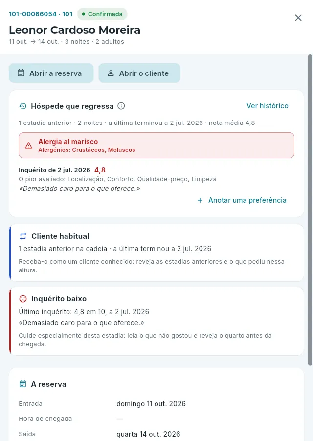 O detalhe de uma chegada: um cliente habitual com uma alergia, que já esteve na cadeia e com um inquérito anterior com nota baixa.