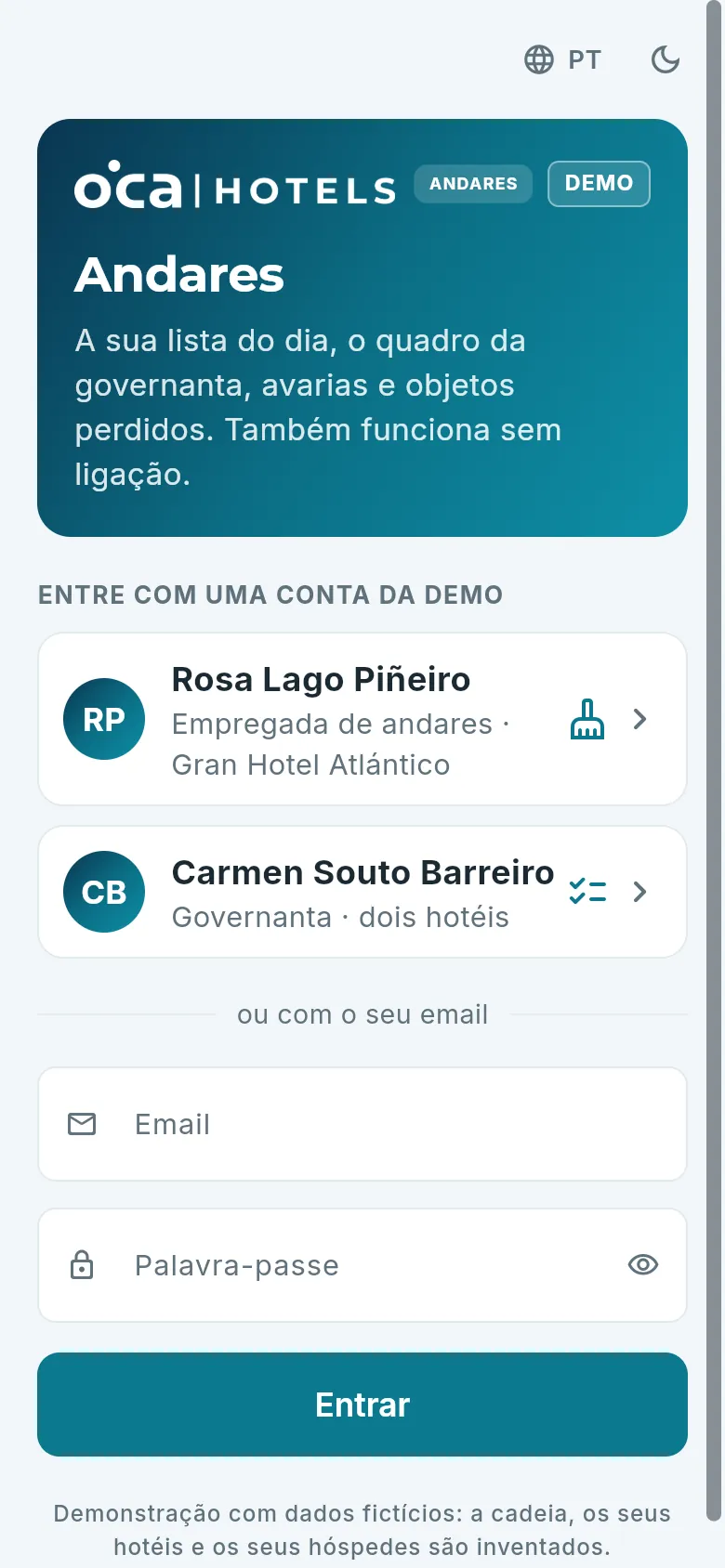 A app de andares no telemóvel: o ecrã de acesso da demo.