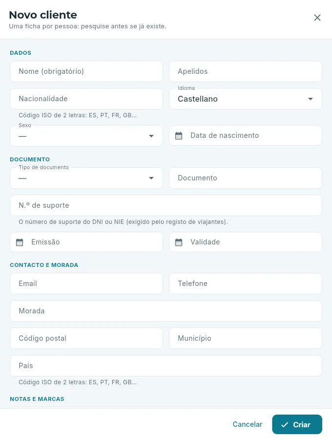 A criação de um cliente.