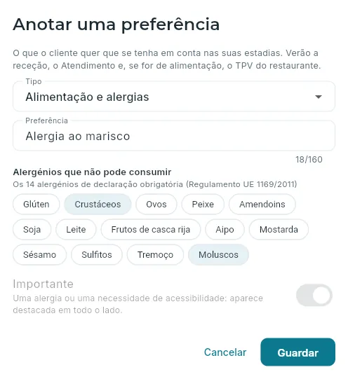 Anotar uma alergia, com os seus alergénios.