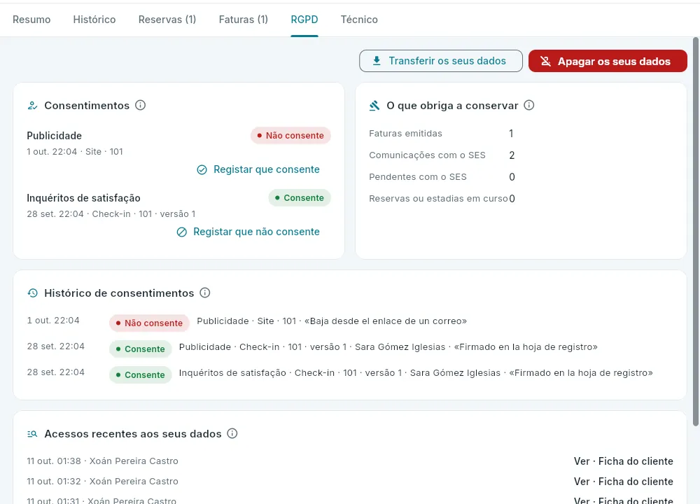 O separador «RGPD» de um cliente que retirou o seu consentimento de publicidade.