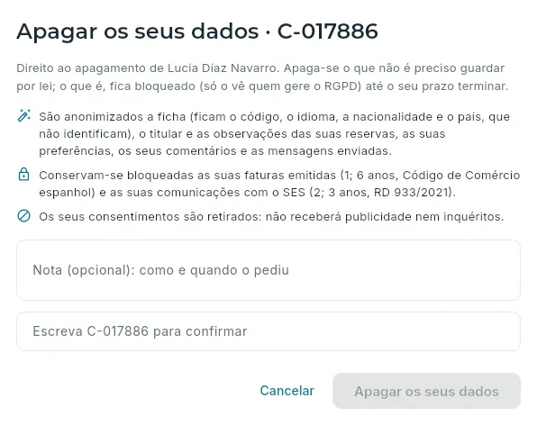 O direito ao apagamento: o que se apaga e o que se conserva bloqueado.