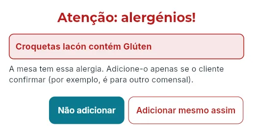 Pedir algo com um alergénio da mesa (aqui, uma mesa aberta sem ligação com alergia ao glúten).