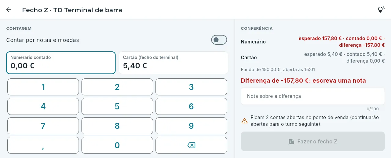 O fecho Z do turno do terminal.