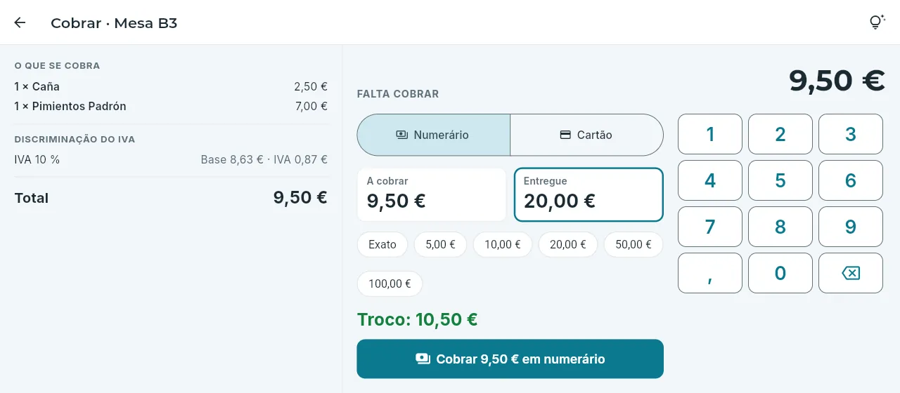 Cobrar em numerário: o valor entregue e o troco.