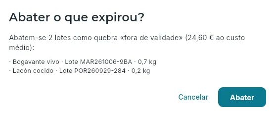 Abater dois lotes fora de validade.