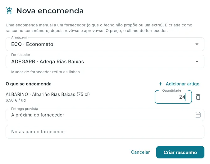 Uma encomenda manual de vinho para o economato.