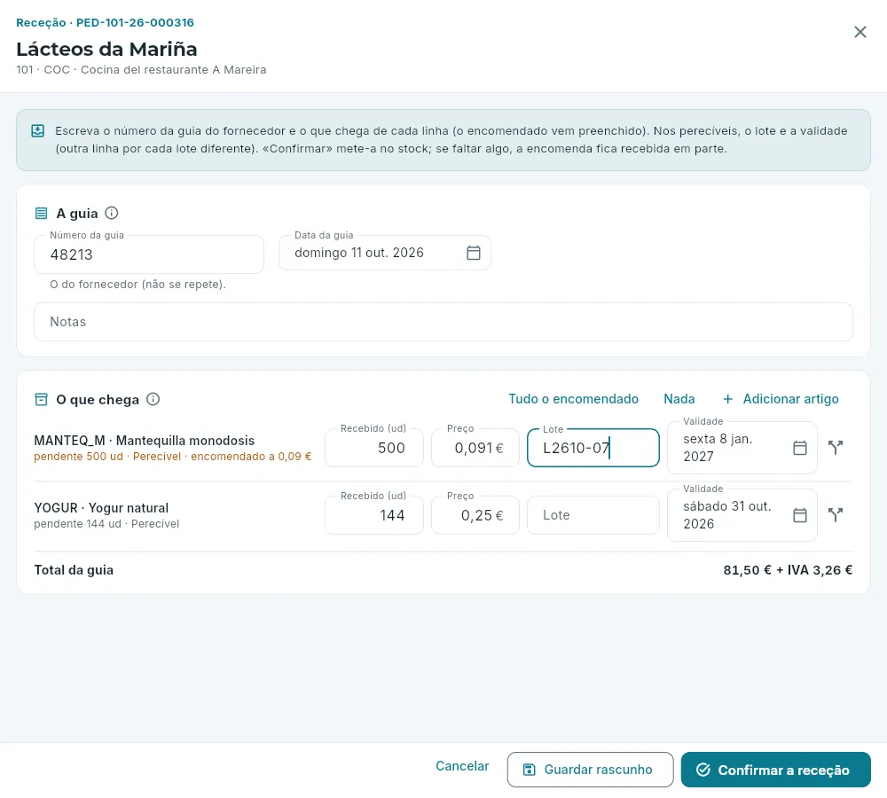 A receção de uma encomenda de perecíveis.