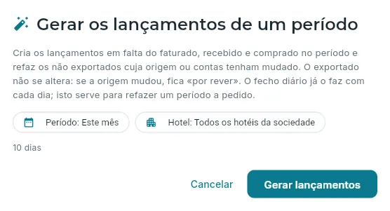 A caixa de diálogo «Gerar lançamentos».
