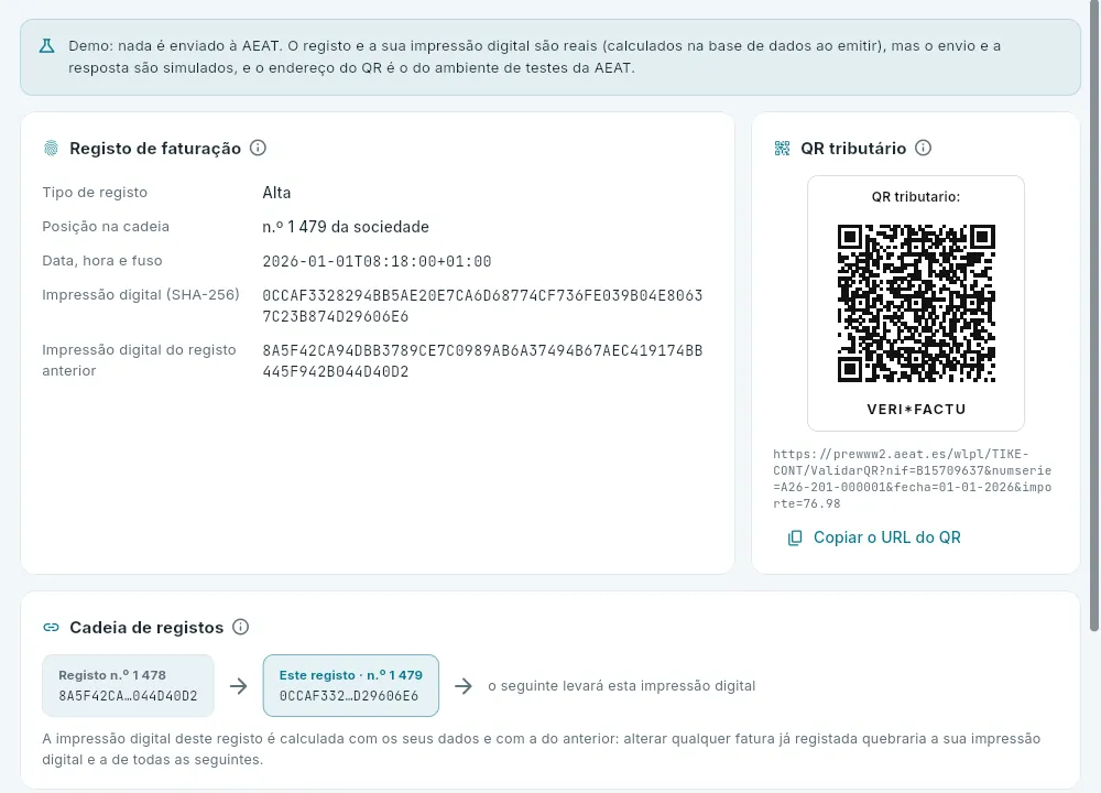 Separador «Verifactu» da mesma fatura.