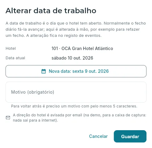 Alterar a data de trabalho do hotel 101.