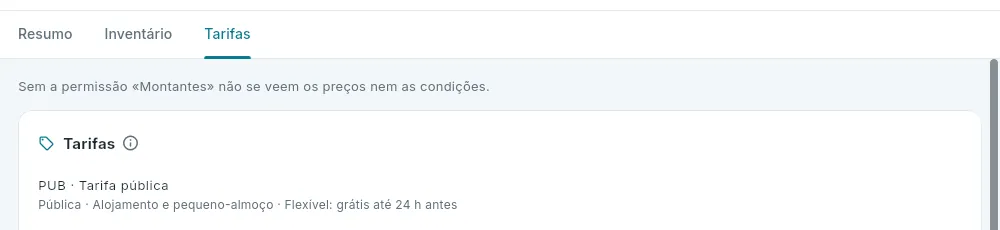 As tarifas com a conta da governanta, que não tem a permissão «Montantes».
